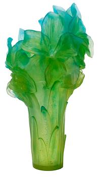 730. An 'Amaryllis' pate-de-cristal green and turqiose vase by Daum, contemporary make, signed and numbered. Certificate and perfume enclosed.