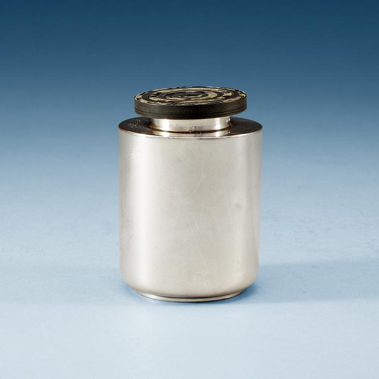 A silver and ebony tea-caddy, probably designed by Eric Pihlgren for Guldsmedsaktiebolaget, Stockholm 1934.