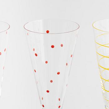 Anne Nilsson, four 'Clown' champagne glasses, Orrefors, Sweden.