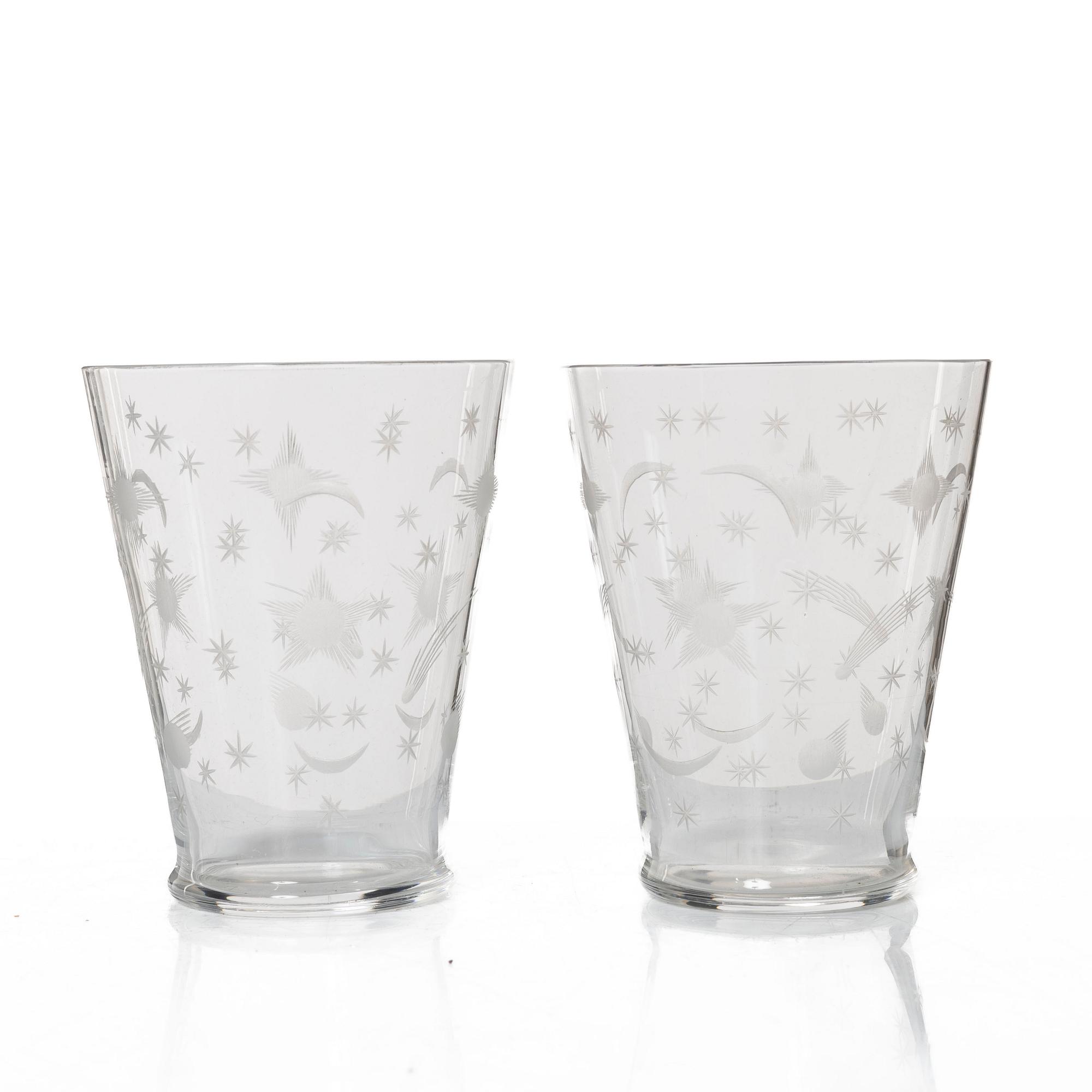 Edward Hald, a set of 23 seltzer glasses, 'Stjärnhimmelsmönstret', Orrefors, 1920s.