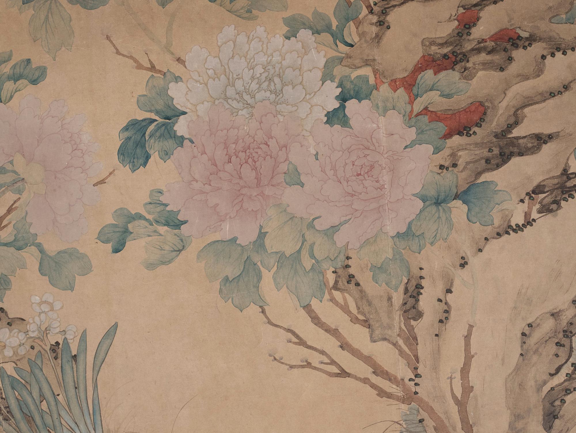 A Chinese scroll painting/wall paper-panel, ink and colour on paper, after Jiang Tingxi (1669-1732), Qing dynasty.