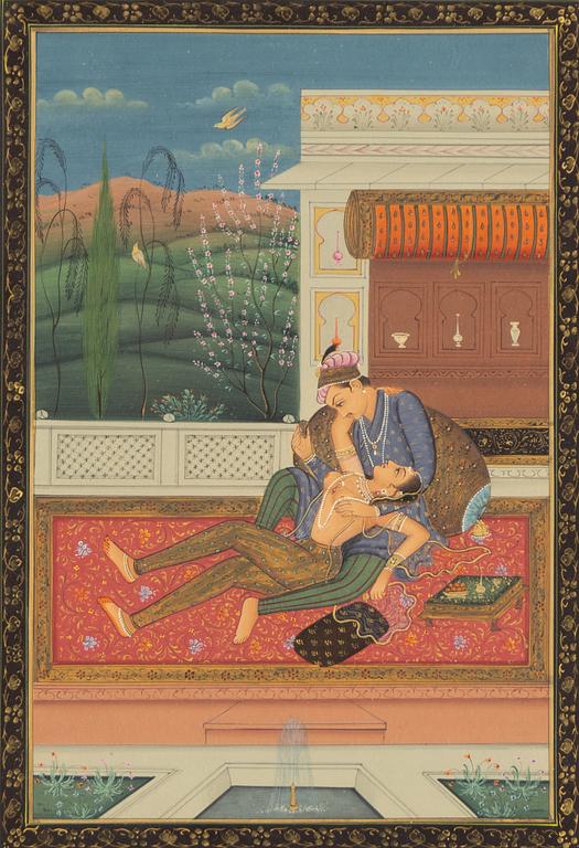 Unidentified artist, Pair in palace setting, India, 20th century.