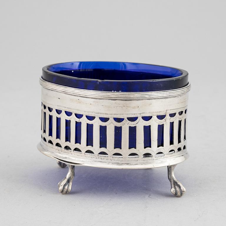 A Swedish 18th century silver and blue glass salt cellar, mark of Pehr Zethelius, Stockholm 1794.