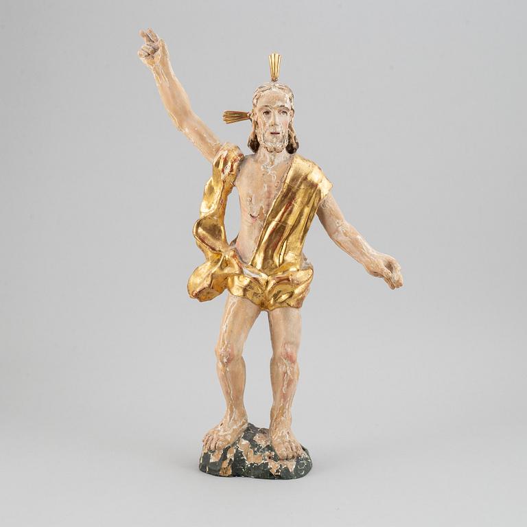 TRÄFIGUR, snidat och bemålat/förgyllt trä, 1700-tal.