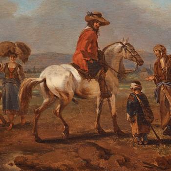 Philips Wouwerman Hans krets, Landskap med ryttare på vit häst, packåsna och figurer.
