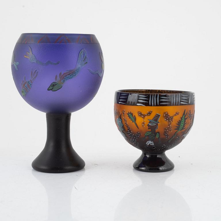 Ulrica Hydman-Vallien, two unique "Juvelglas" glass bowls, Kosta Boda, Sweden.