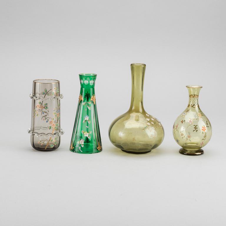 A set of four French Art Nouveau glass vases hand painted.