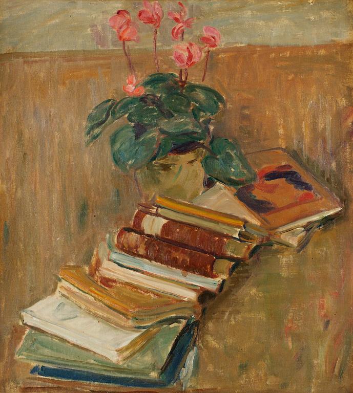 Karl Isakson, Still life with flowers and books.
