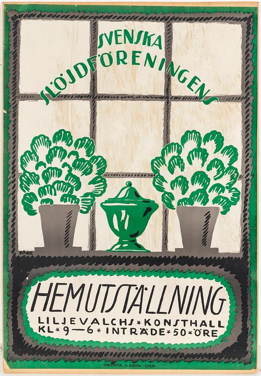 WILHELM KÅGE, litografisk affisch, "Hemutställning", Rokotryck, AB Kopia, Stockholm, 1917.