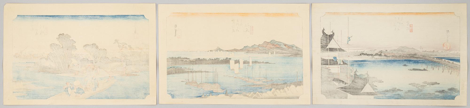 Ando Utagawa Hiroshige, after, three prints from "The Fifty-Three Stations of the Tōkaidō".
