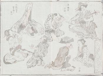 HASHIRA, träsnitt, BOK, förläggare Tsutaya Kichizo, samt TRÄSNITT, 6 st, Japan, 1800-tal.