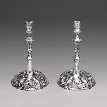 A pair of German 18th century silver candelsticks, marked GFT, Breslau c. 1740.