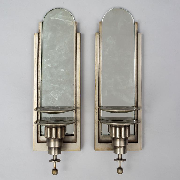 WALL LIGHTS, a pair of 1930's white metal and mirror glass.
