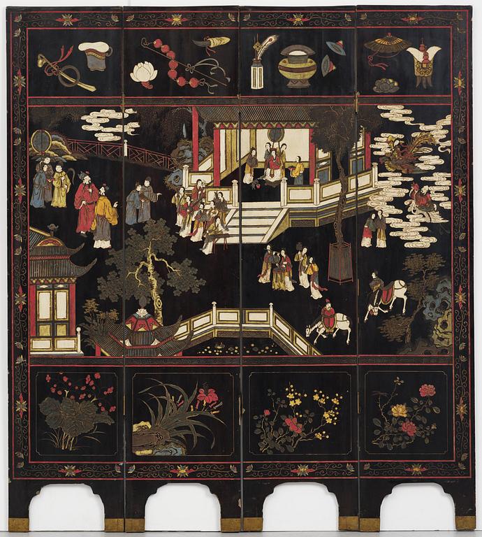 A Chinese four panel lacquer folding screen, first part of the 20th century.