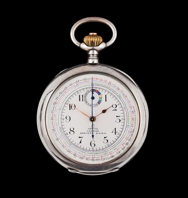 A silver chronograph pocket watch, Omega, c. 1900.
