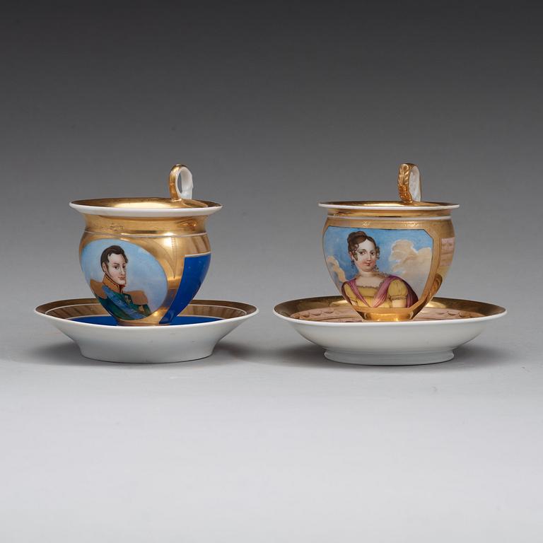 A pair of Russian Gardner Empire cups with stands, early 19th Century.