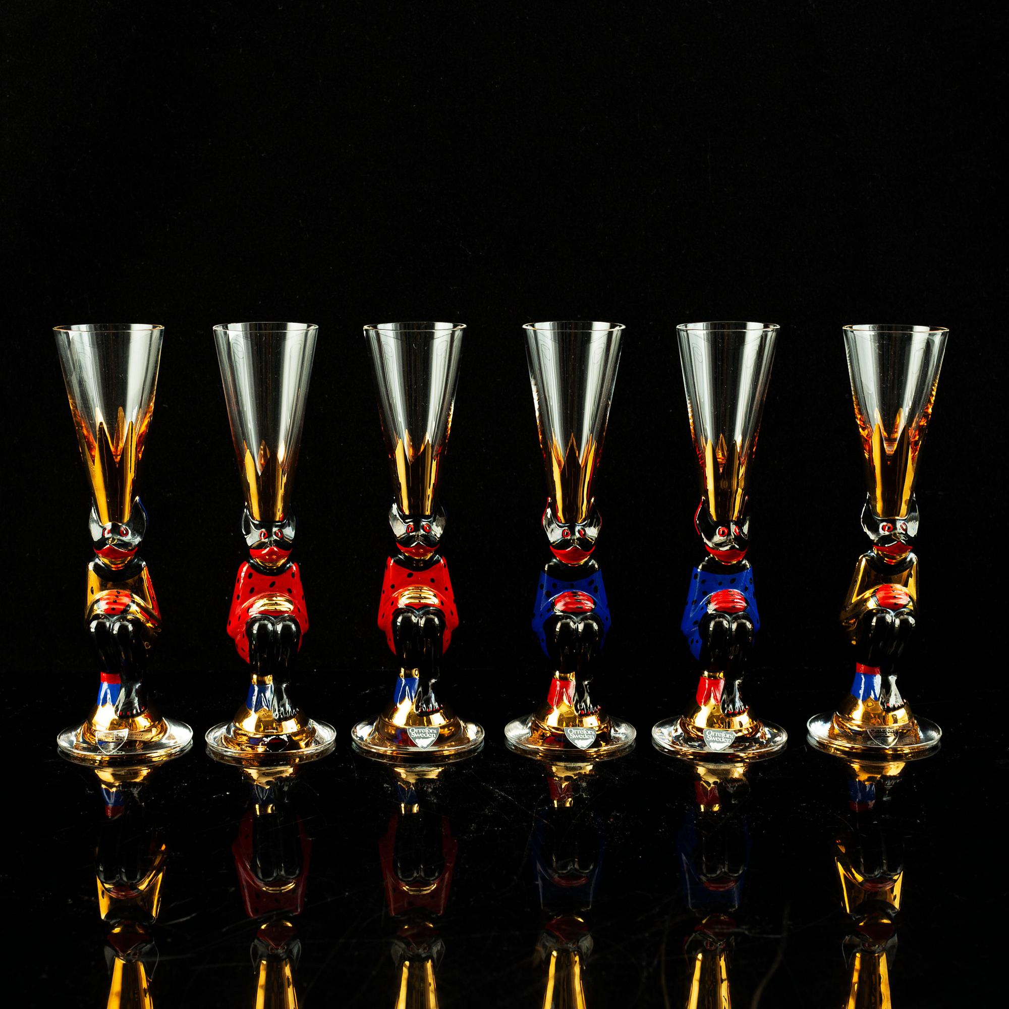 Gunnar Cyrén, a set of six "Devil" shot glasses and a decanter from the "Nobel" series, Orrefors Sweden post 1996.