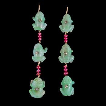 1315. A pair of jade, diamond and ruby earrings.
