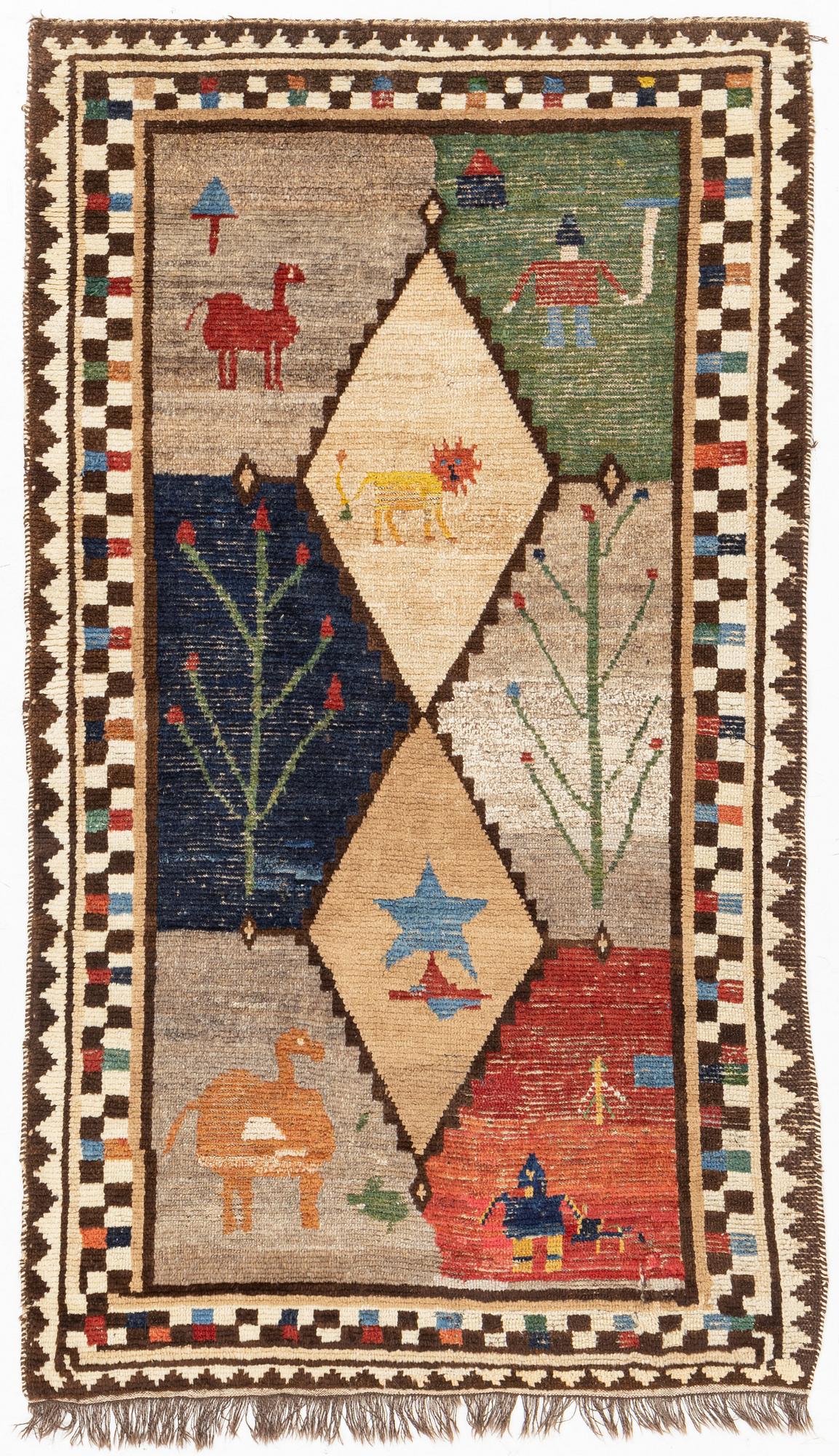 An antique/semi-antique pictorial Gabbeh - Khersak rug,  c 187 x 107 cm.