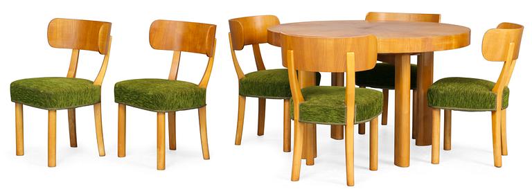 An Axel Einar Hjorth dinner table with 6 chairs "Birka" in ashe wood, by Nordiska Kompaniet, 1930's.
