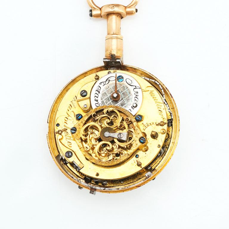 Chatelaine med fickur, 18K guld , emalj och stenar, Paris efter 1838, Louis XVI-stil.