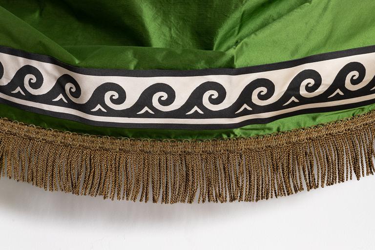 Curtains, a pair, green silk with ribbon embroidery.