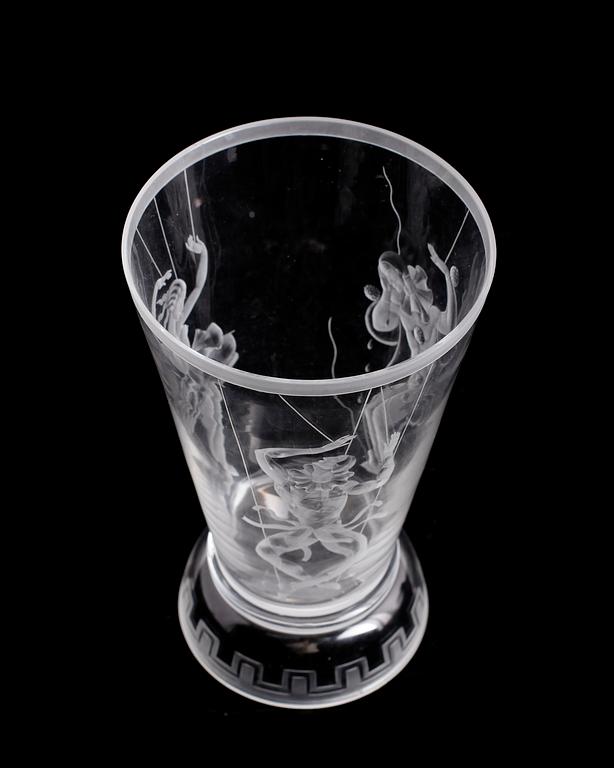 A Vicke Lindstrand engraved glass vase, Orrefors 1931.