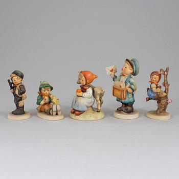 A lot of five M.I. Hummel porcelain figurines for Goebel, Germany, 1960-72.