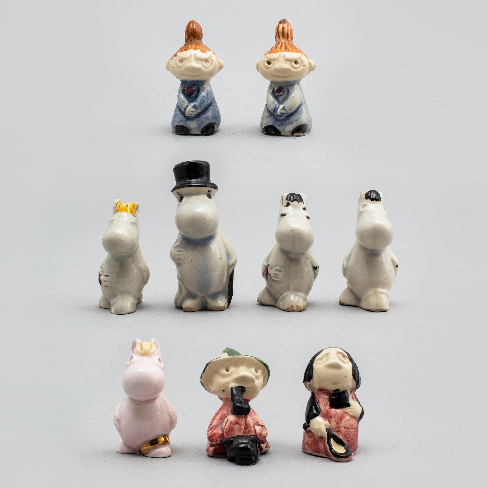 SIGNE HAMMARSTEN-JANSSON, muminfigurer 9 st, keramik, Arabia 1950-tal.