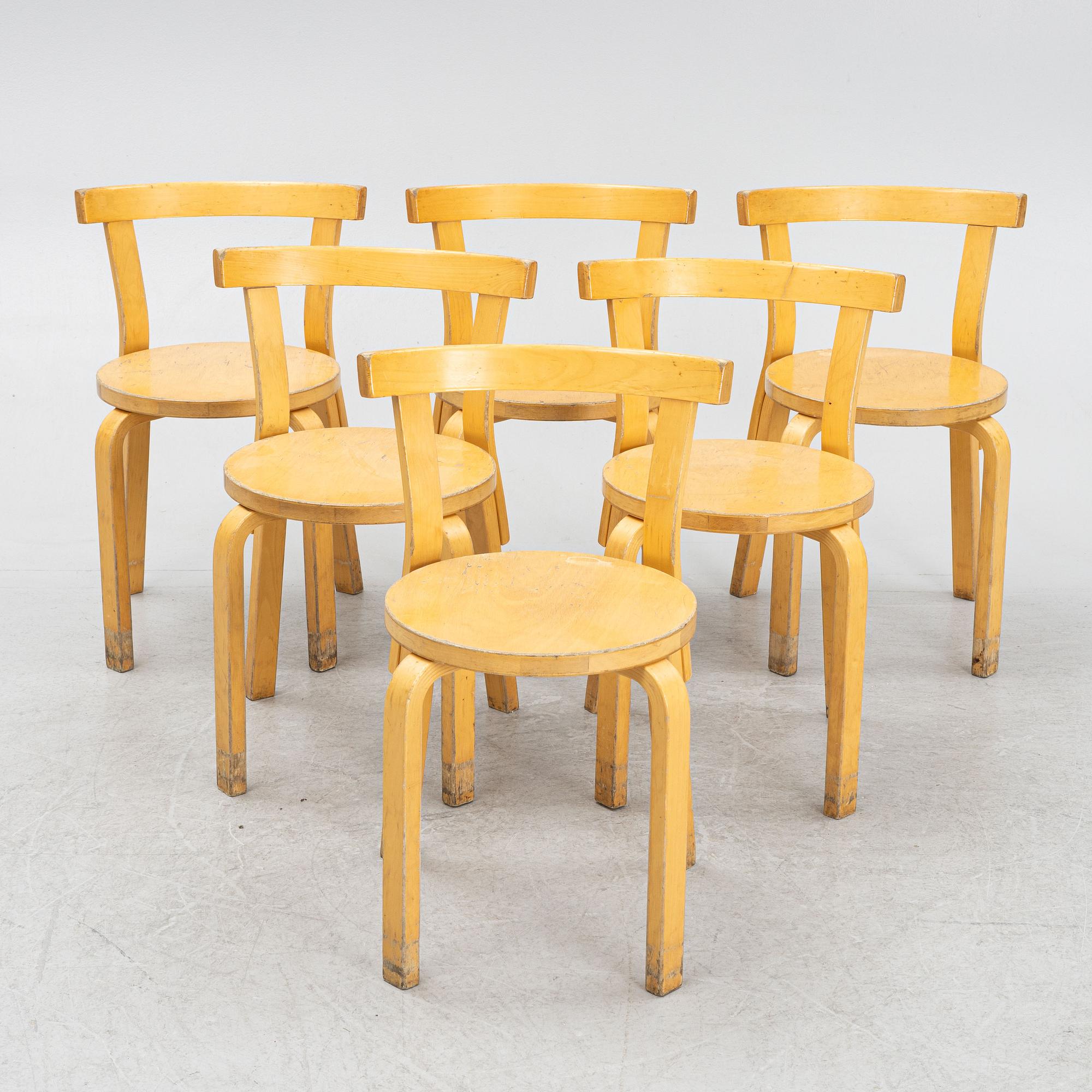 Alvar Aalto, stolar, 6 st, modell 69, Artek, Finland, 1900-talets andra hälft.