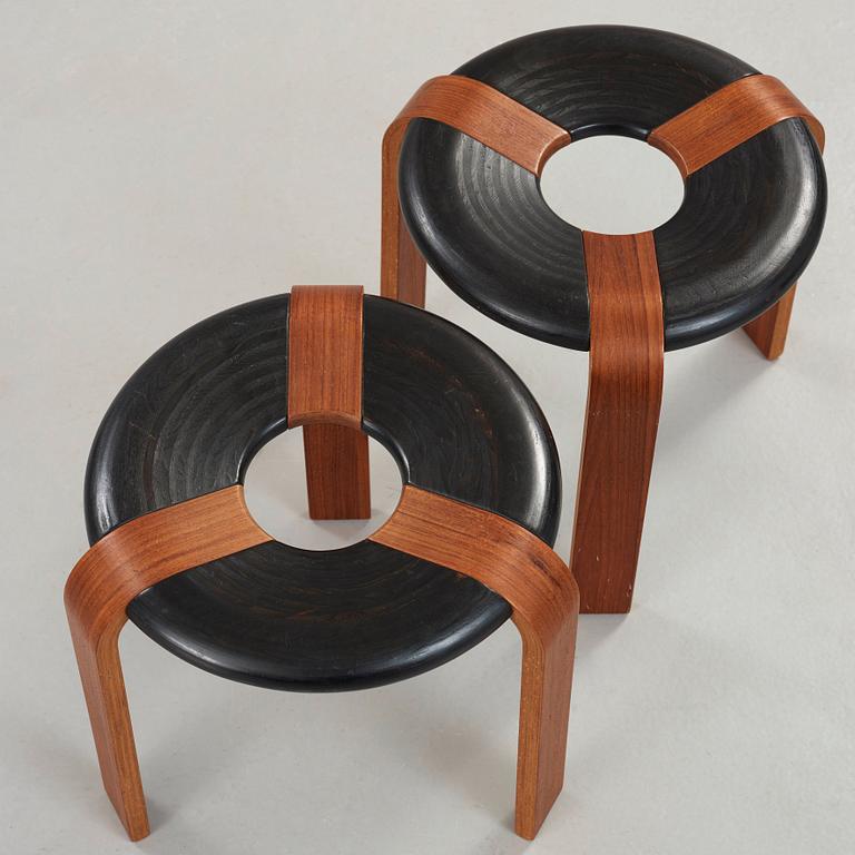 Rud Thygesen, a pair of teak and black lacquered stools, Magnus Olesen, Denmark 1970's.