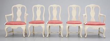 KARMSTOLAR, ett par samt STOLAR, 3 st, rokokostil, 1900-talets andra hälft.