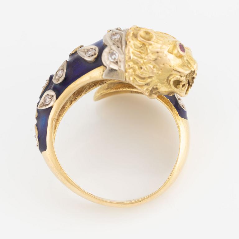 Ring, 18K gold with blue enamel, diamonds, and rubies, Greece.