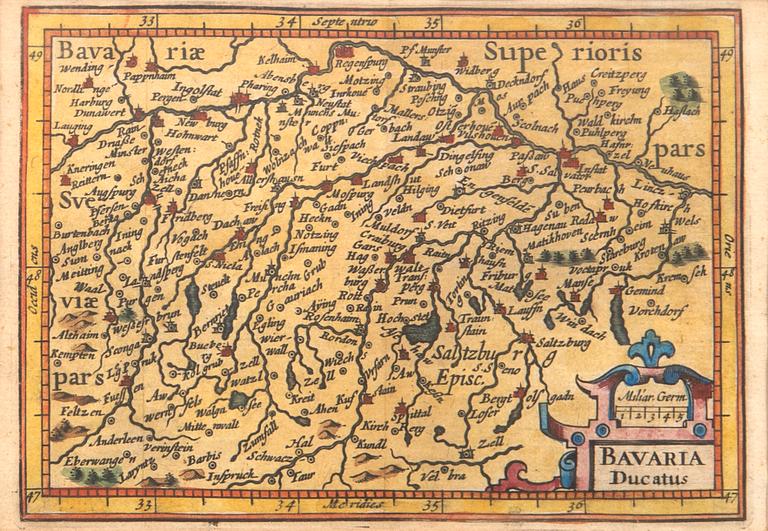 Johannes Janssonius  karta "Bavaria Ducatus" 16/1700-tal kolorerat kopparstick.