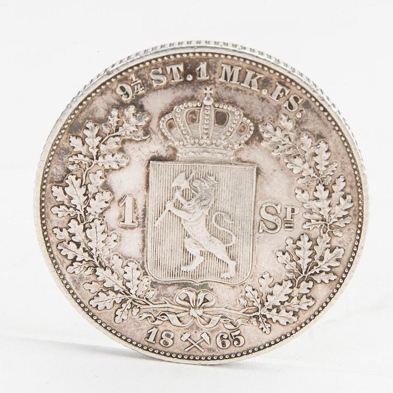 Mynt silver Norge, 1 Speciedaler, 1865, Karl XV kung av Norge och Sverige.