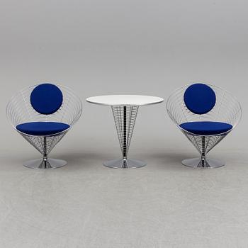 VERNER PANTON, PHILIPPE STARCK,  a set of two "Wire Cone" chairs and a table Fritz Hansen, late 20th century.