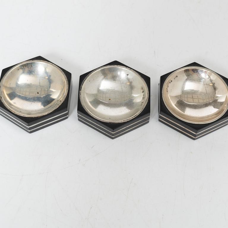 Saltkar, 3 st, silver och bakelit, GAB, Stockholm 1935-36.