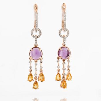 A pari of amethyst, citrine and brilliant-cut diamond earrings.