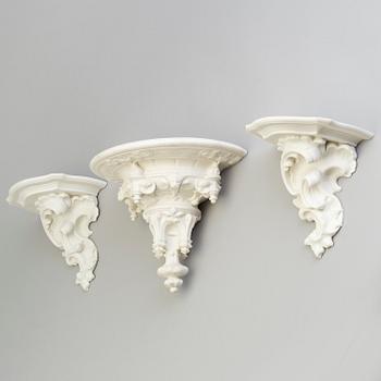 THREE PARIAN WALL BRACKETS, a pair and a single, Gustafsberg 1899.