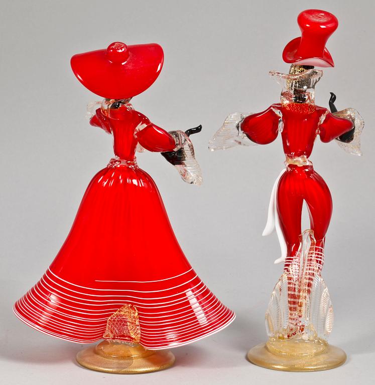 FIGURINER, 2 st, glas, Murano, Italien 1900-talets andra hälft.