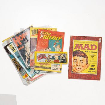 Serietidningar, 18 st, förstautgåvor, bl a "Tomahawk", "Tom Mix", "Hopalong Cassidy", "Lilla Fridolf", "MAD".