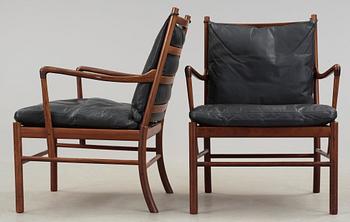 A pair of Ole Wanscher palisander and black leather 'Colonial Chairs, PJ 149', Poul Jeppesen, Denmark.