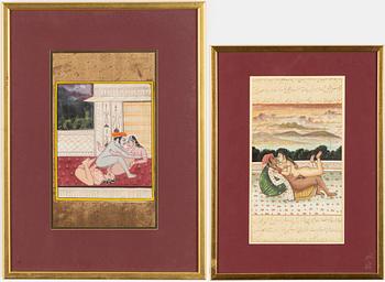 Unidentified artist, Erotic scenes in interior and landscape, India, 20th century. Two pieces.
