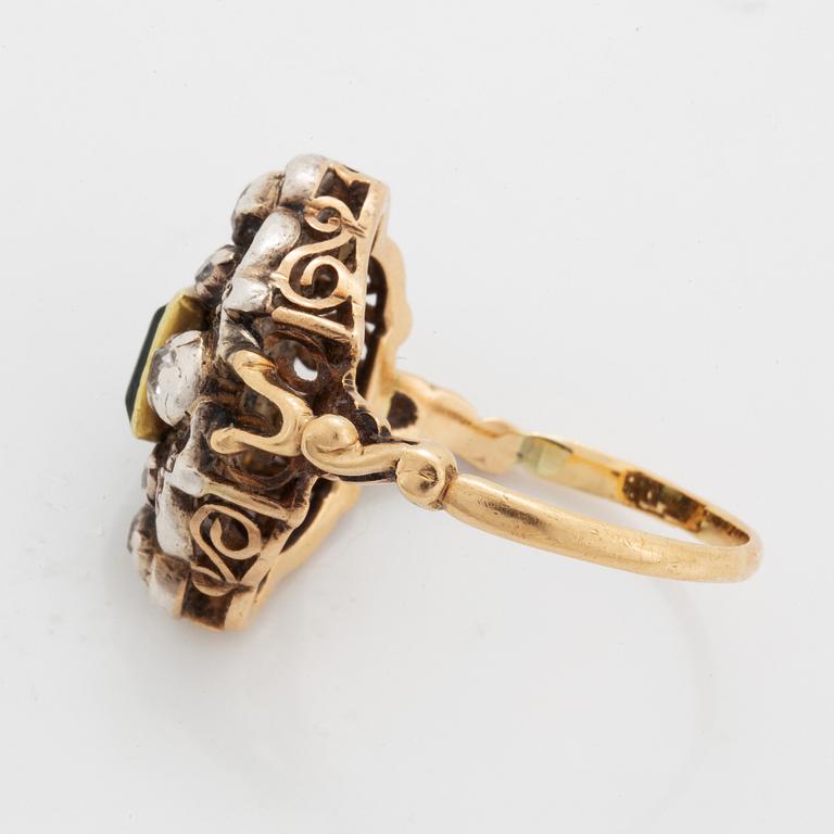 Emerald and old-cut diamond ring.