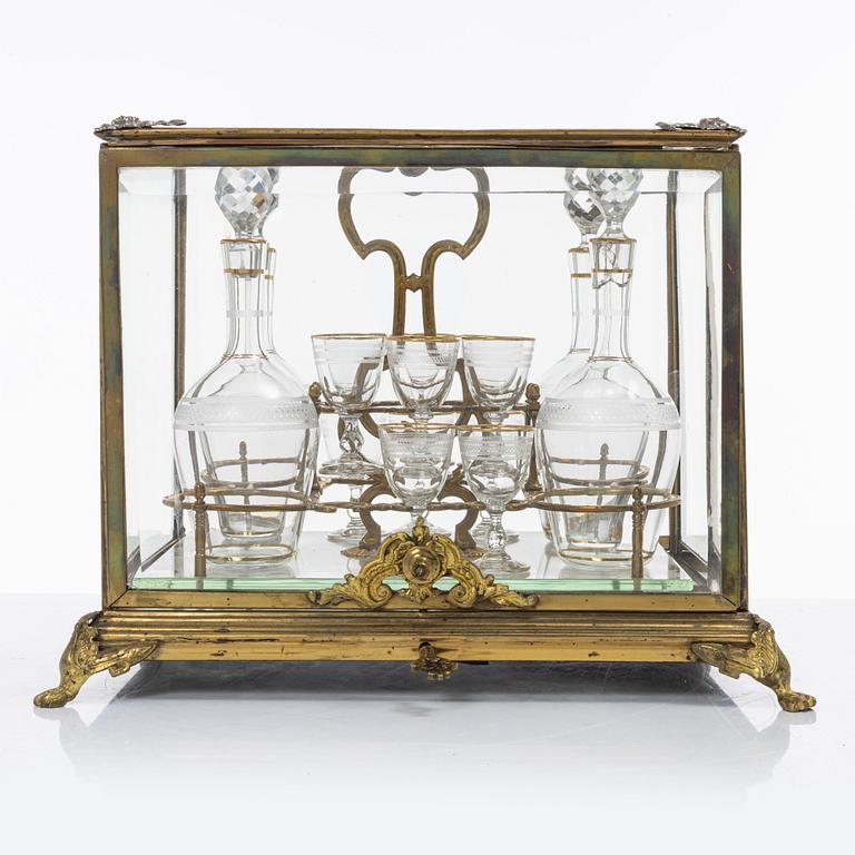 Liqueur set, glass and brass, first half of the 20th century.