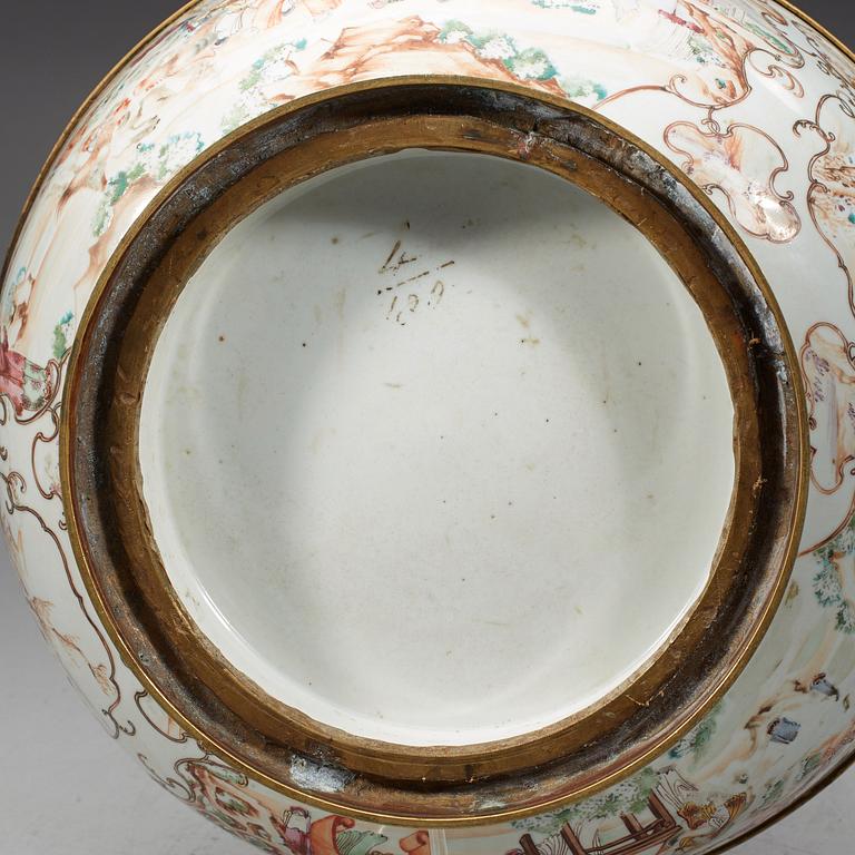 A famille rose bronze mounted punch bowl, Qing dynasty, Qianlong (1736-95).