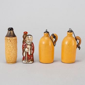 Four Chinese snuff bottles and a Book, 20th century.