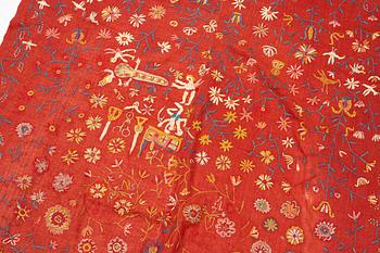 An embroided wool bed cover of 'fall of man' design, South west Scania, Sweden, first half of the 19th century.