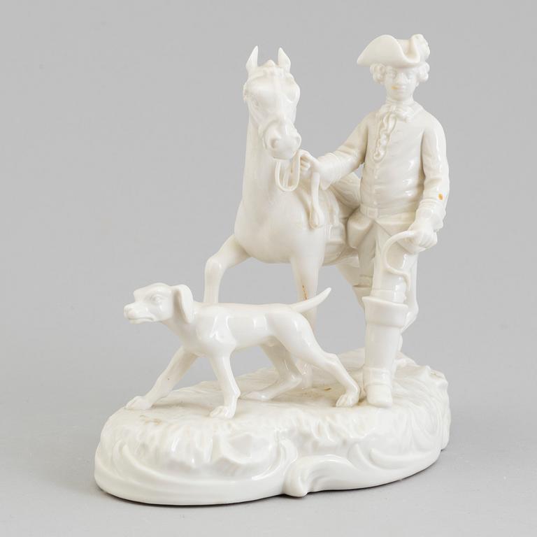 A white glazed figure of a horse with a groom from the 'Kleine Gelbe Frankentahler Jakt', Nymphenburg, Germany, 1960's.