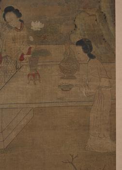 Gu Jianlong In the manner of the artist., Elegant ladies of the court by a table with antiques and precious objects in a garden.